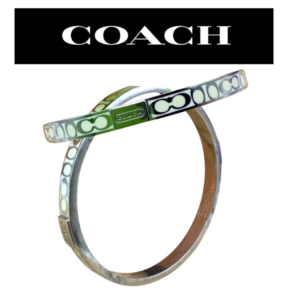 COACH Cream & Silver Enamel “C” Monogram Bangle Bracelet, EUC